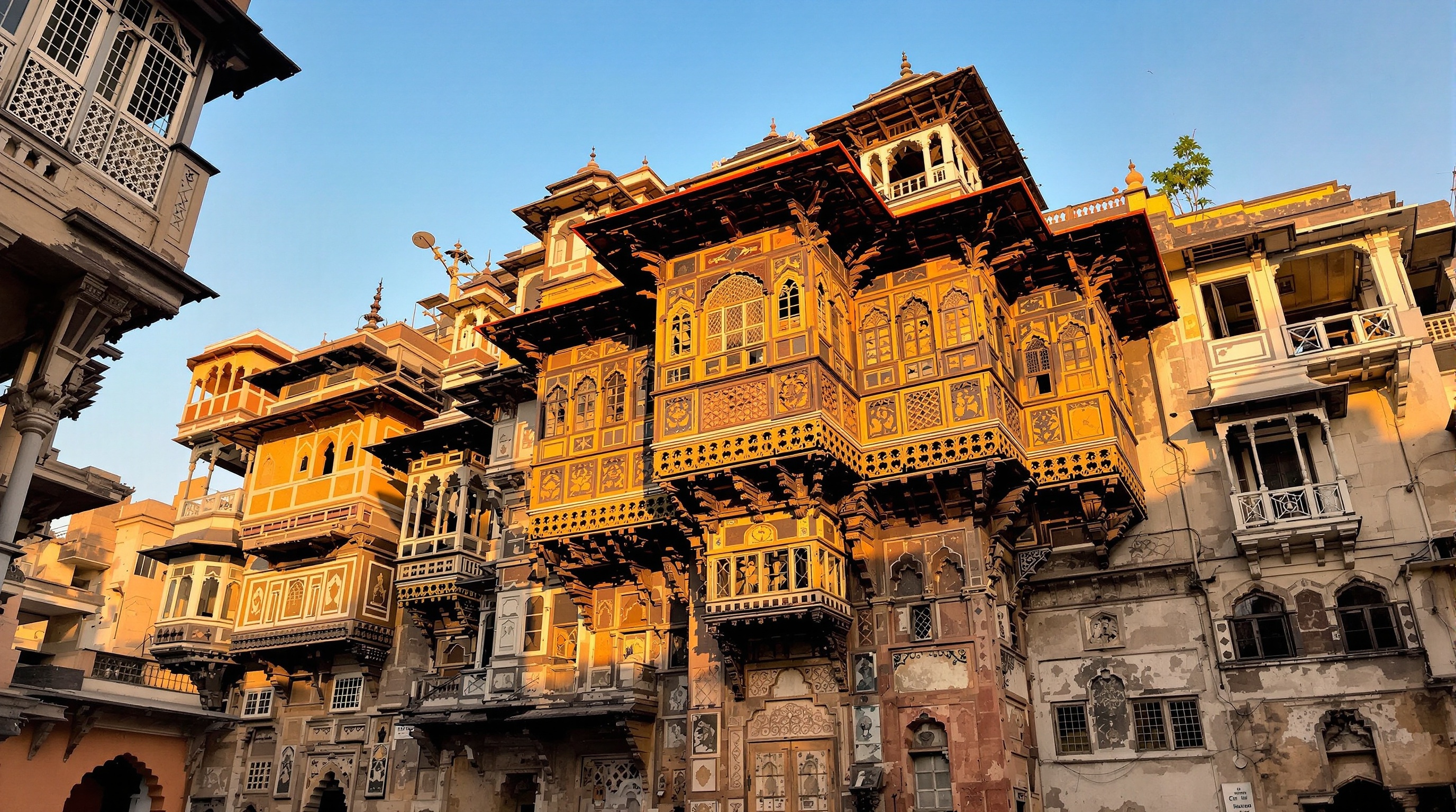 Historic Patan architecture showing traditional Gujarati carved wooden havelis and ornate balconies